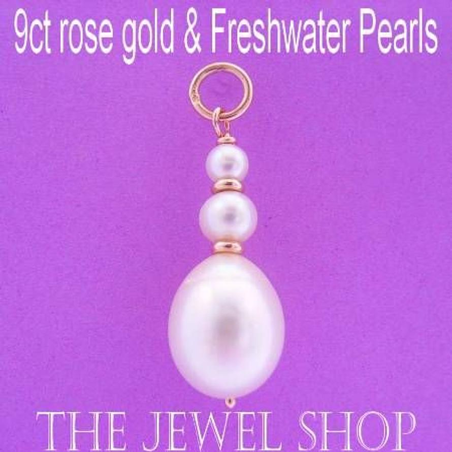 9CT ROSE GOLD NATURAL WHITE OVAL & ROUND FRESHWATER PEARL PENDANT