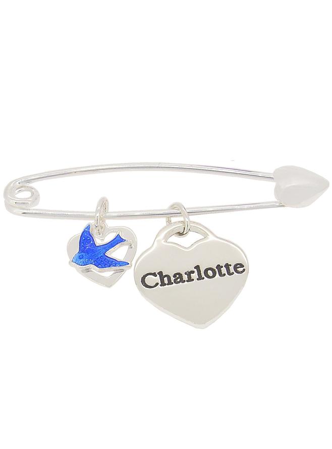 Sterling Silver Bluebird Heart and Charm Baby Pin Brooch