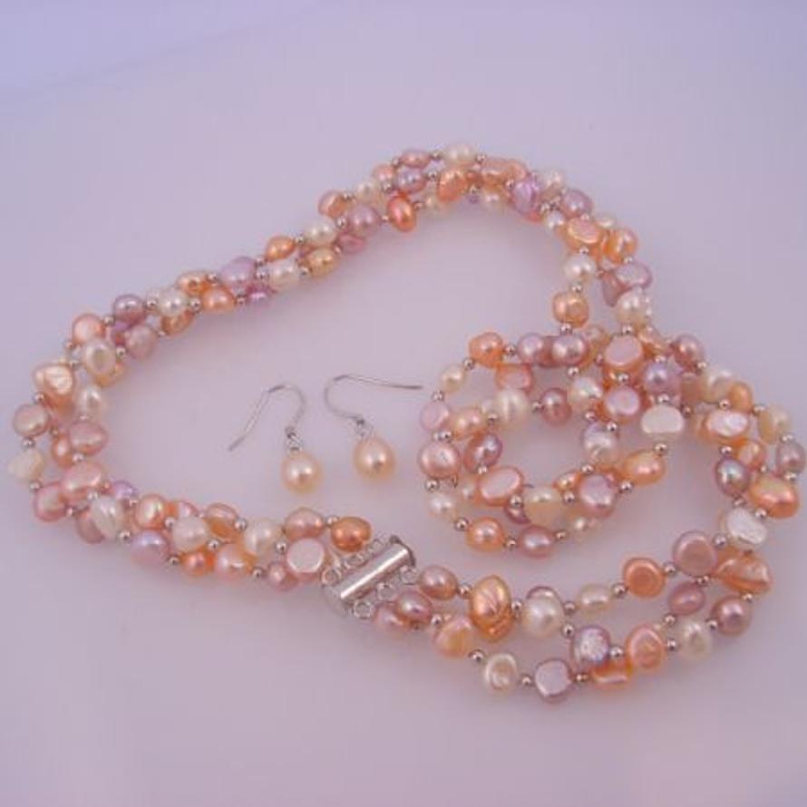 STERLING SILVER BALL & TWISTED NATURAL COLOR MIX FRESHWATER PEARL EARRING AND NECKLACE SET