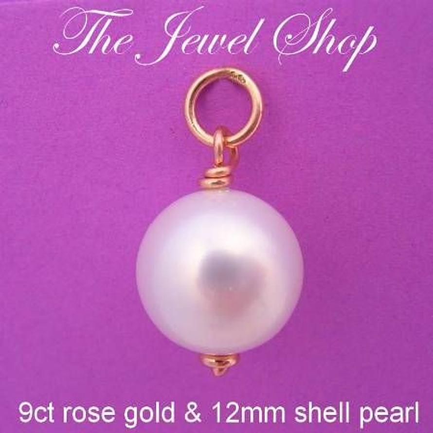 9CT ROSE GOLD 12mm WHITE SHELL PEARL BRIDE PENDANT