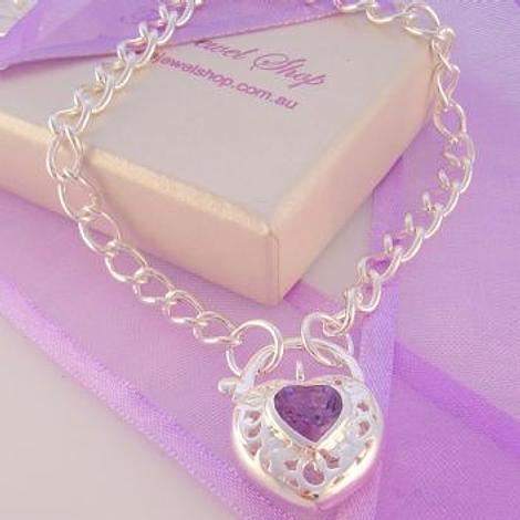 Sterling Silver Curb Amethyst Heart Padlock Necklace 45cm