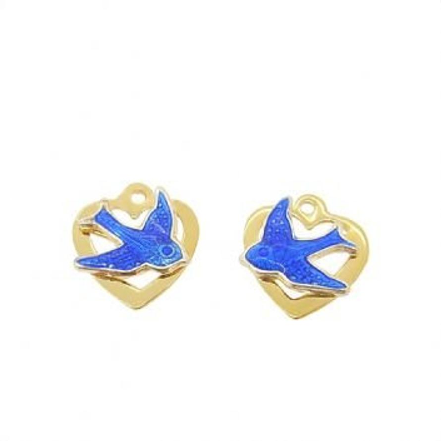 9CT GOLD TWO 10mm BLUEBIRD of HAPPINESS LOVE HEART CHARMS for SLEEPER EARRINGS