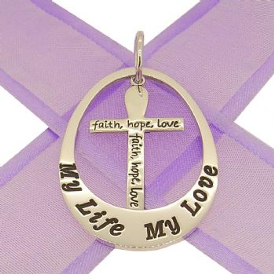 STERLING SILVER 27mm OVAL PERSONALISED FAITH HOPE LOVE CROSS FAMILY NAME PENDANT -27mm-FHL-jr-ss