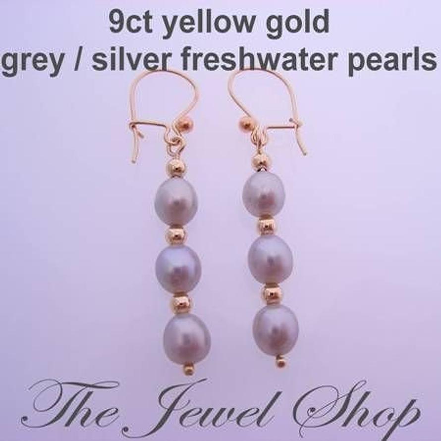 9CT YELLOW GOLD 6mm x 4mm GREY FRESHWATER PEARLS 9CT BALL SAFETY HOOK DESIGNER EARRINGS