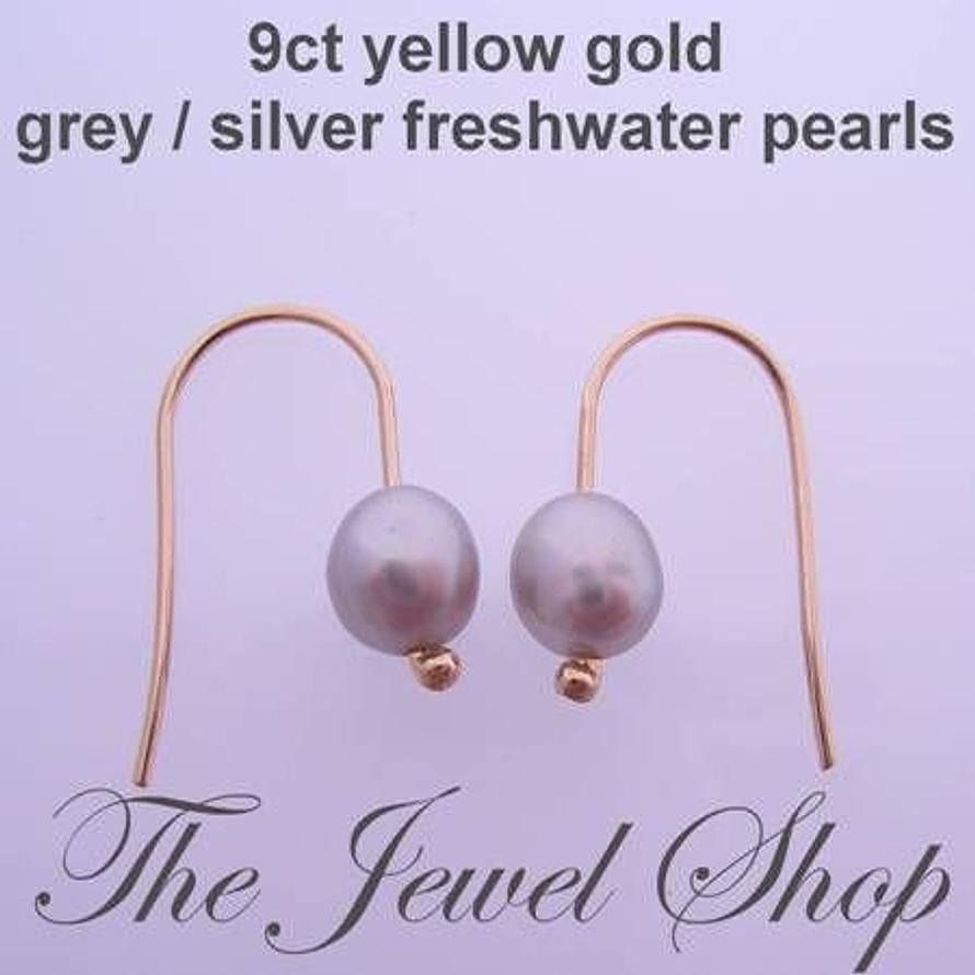 9CT YELLOW GOLD 6mm x 4mm GREY FRESHWATER PEARL HOOK DESIGNER EARRINGS