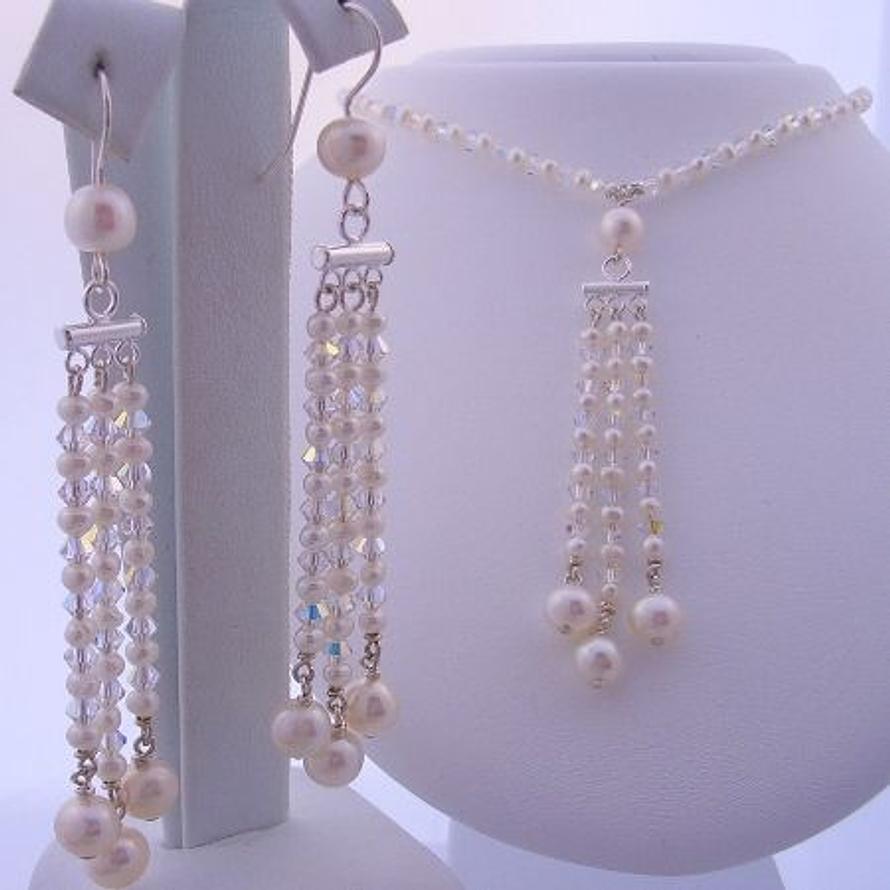 STERLING SILVER 3 ROW CHANDELIER SWAROVSKI CRYSTAL & FRESHWATER PEARL EARRING AND NECKLACE SET