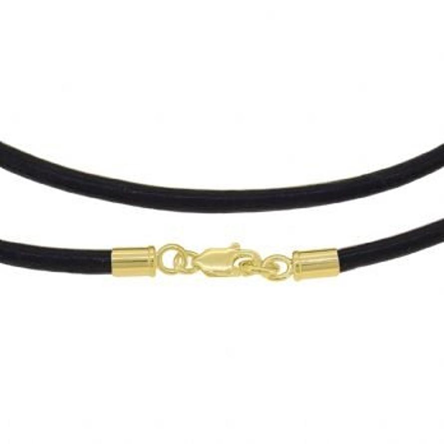 UNISEX 9CT YELLOW GOLD BLACK LEATHER NECKLACE