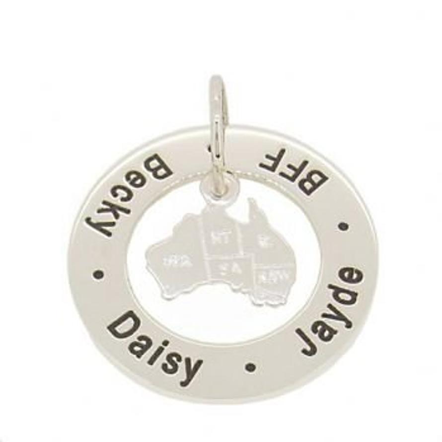 STERLING SILVER 28mm CIRCLE OF LIFE MAP AUSTRALIA PERSONALISED NAME MESSAGE PENDANT