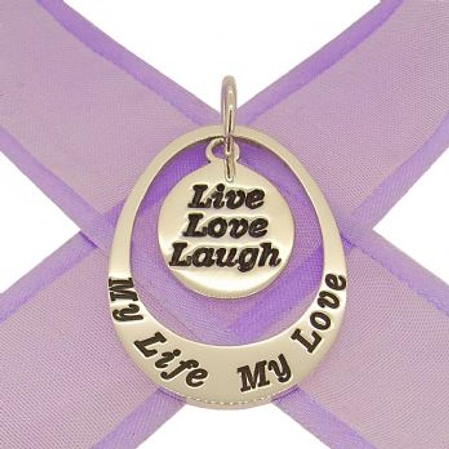 STERLING SILVER 27mm OVAL PERSONALISED LIVE LOVE LAUGH FAMILY NAME PENDANT -27mm-KB110-jr-ss