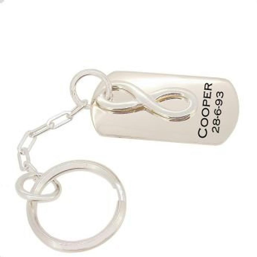 STERLING SILVER KEY RING UNISEX INFINITY CHARM DOG TAG PERSONALISED NAME DESIGN