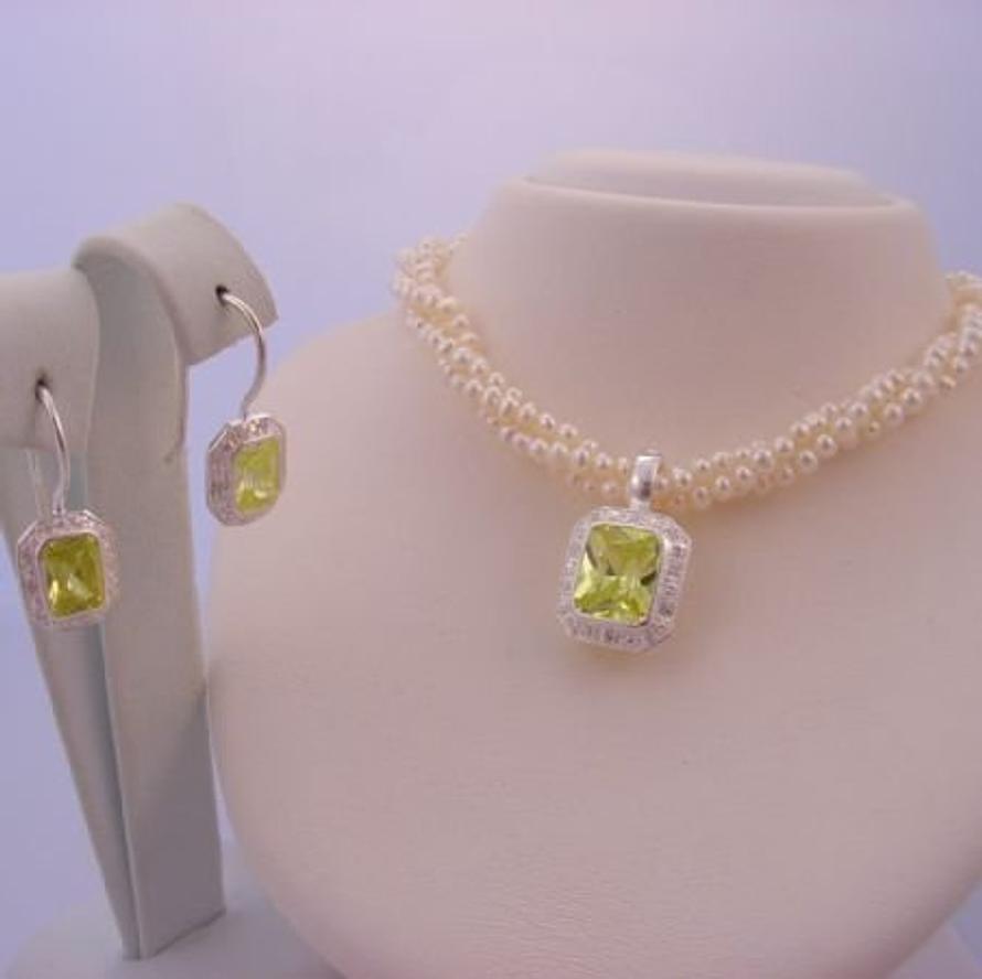 STERLING SILVER FRESHWATER PEARL 3 STRAND TWISTED NECKLACE with STERLING SILVER PERIDOT GREEN CZ PEARL ENHANCER & EARRINGS