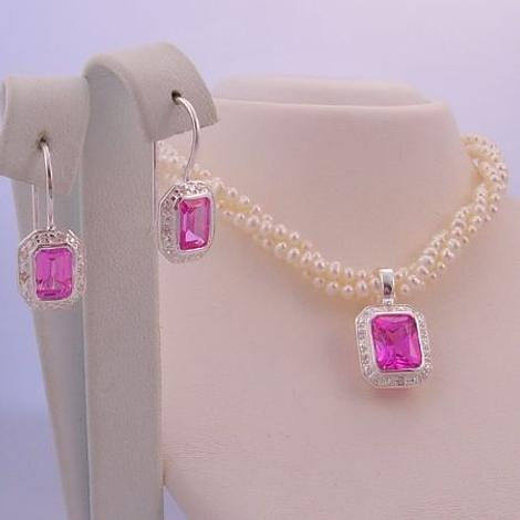 Sterling Silver Freshwater Pearl 3 Strand Twisted Necklace With Sterling Silver Pink Cz Pearl Enhancer & Earrings