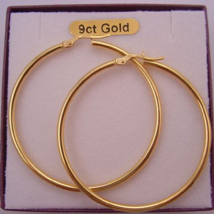 9CT YELLOW GOLD 44mm WIDE GYPSEY HOOP EARRINGS 2mm Thick