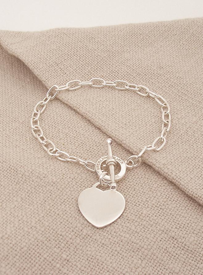 Heart Charm Toggle Clasp Cable Trace Bracelet in Sterling Silver