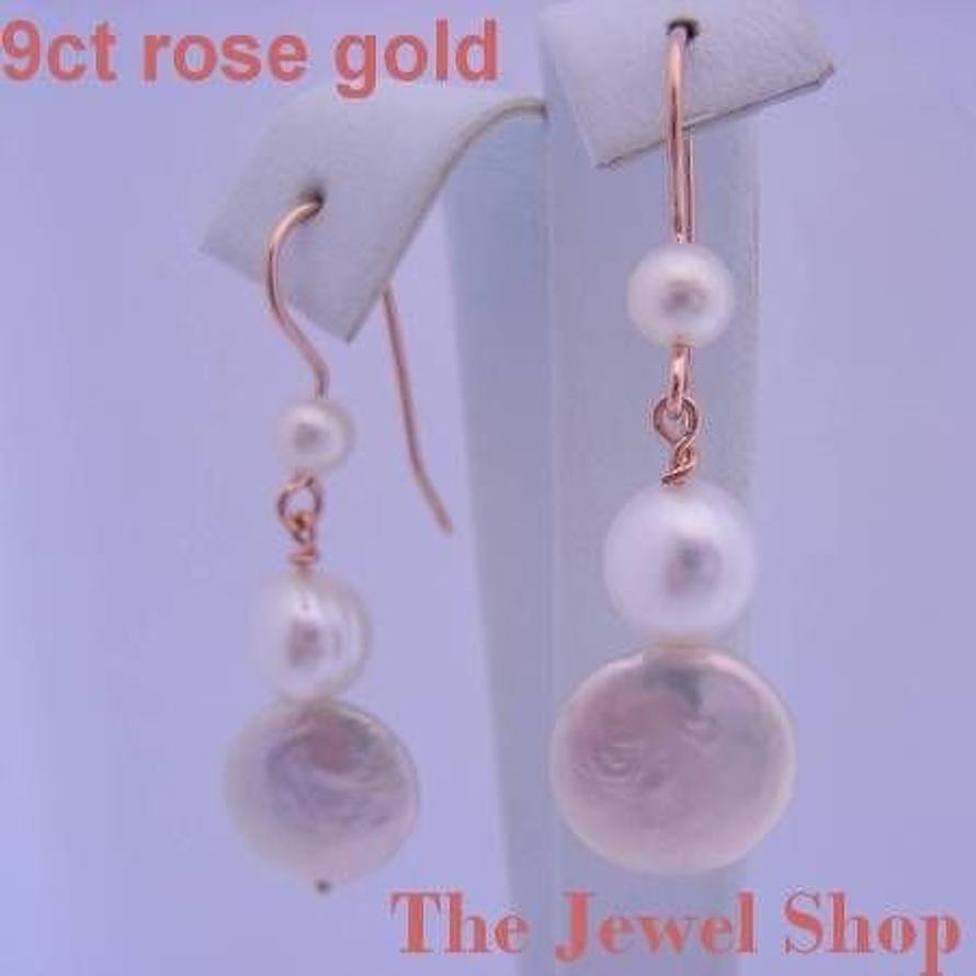 9CT ROSE GOLD ANTIQUE DROP DESIGN COIN PEARL EARRINGS