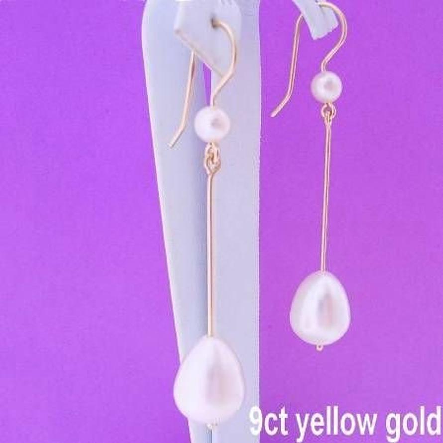 9CT YELLOW GOLD LARGE 12mm X 10mm FRESHWATER PEARL DROPS FEATURE PEARL HOOK DESIGN EARWIRES