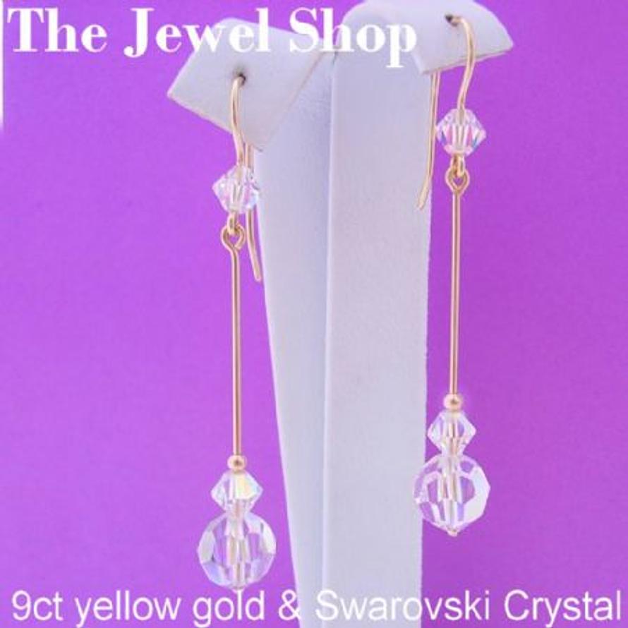 9CT YELLOW GOLD 8mm SWAROVSKI CRYSTAL DESIGNER DROPS FEATURE CRYSTAL HOOK DESIGN EARRINGS