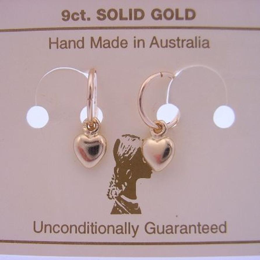 9CT YELLOW GOLD 8mm SLEEPER EARRINGS WITH 6mm LOVE HEART CHARMS
