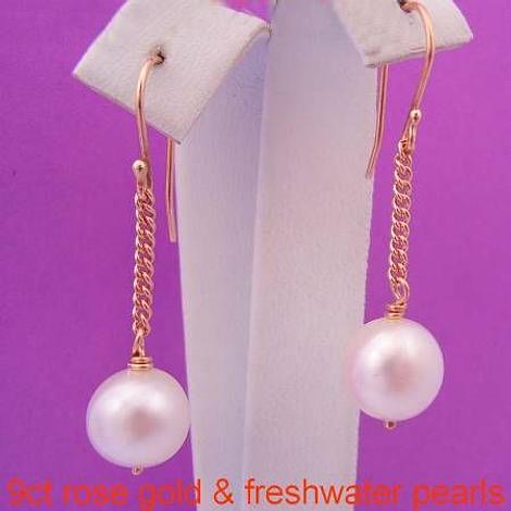 9ct Rose Gold 9mm Freshwater Pearl Chain Drop Designer Hook Earrings