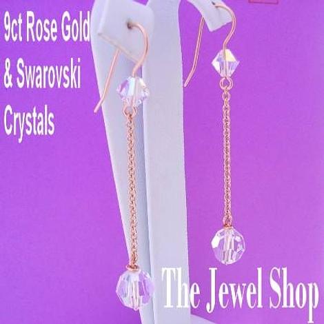 9ct Rose Gold 8mm & 6mm Swarovski Crystal Chain Drop Designer Hook Earrings