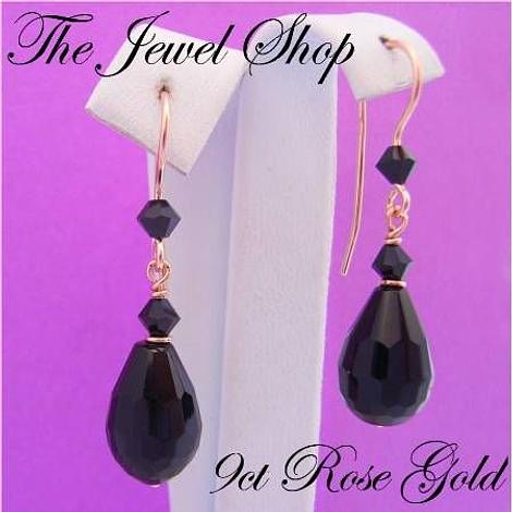 9ct Rose Gold Black Agate & Swarovski Crystal Feature Hook Design Earrings