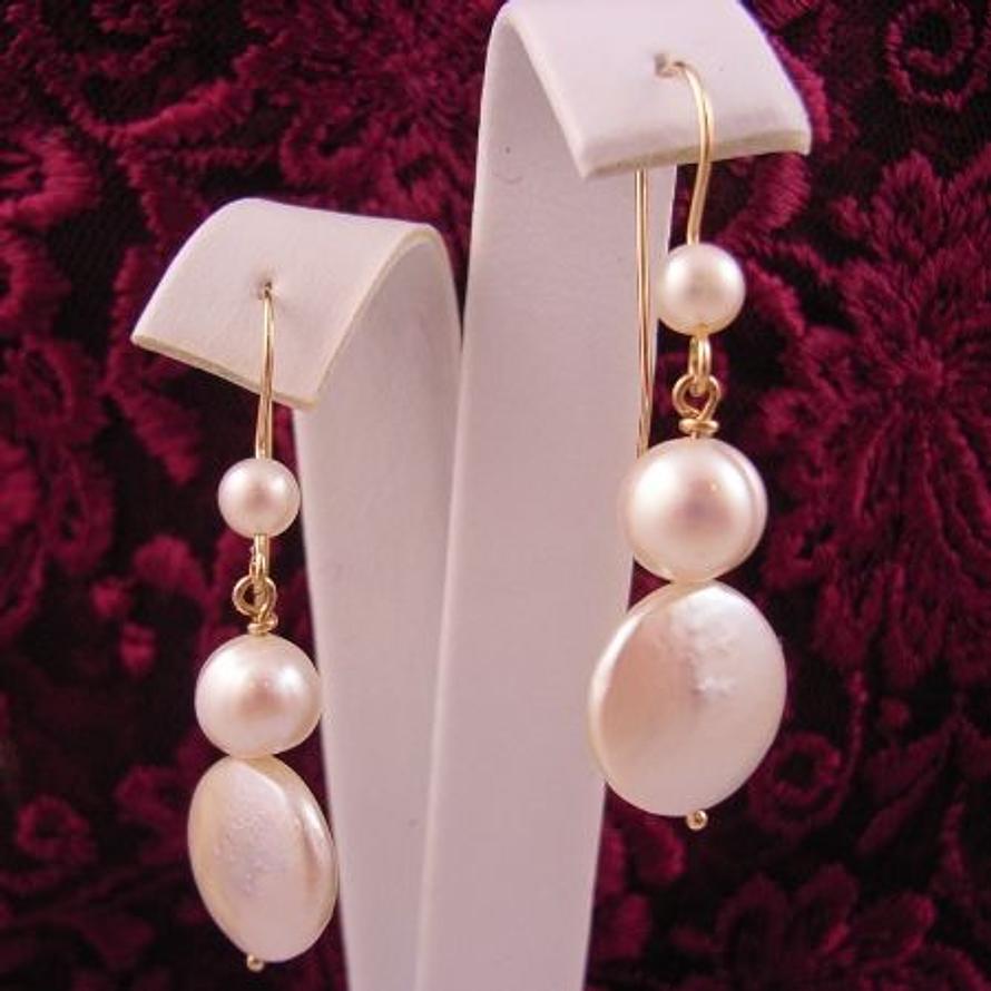 9CT YELLOW GOLD ANTIQUE EURO DESIGN COIN PEARL DROPS FEATURE PEARL HOOK DESIGN EARRINGS