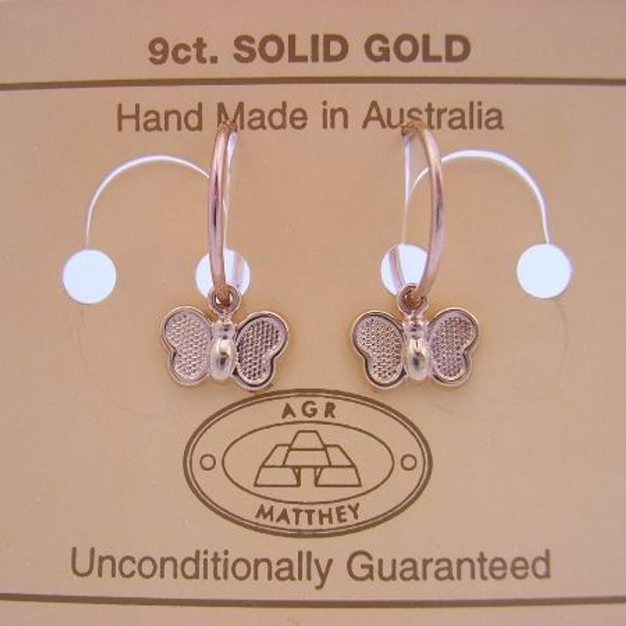 9CT YELLOW GOLD 10mm SLEEPER EARRINGS WITH 10mm BUTTERFLY CHARMS