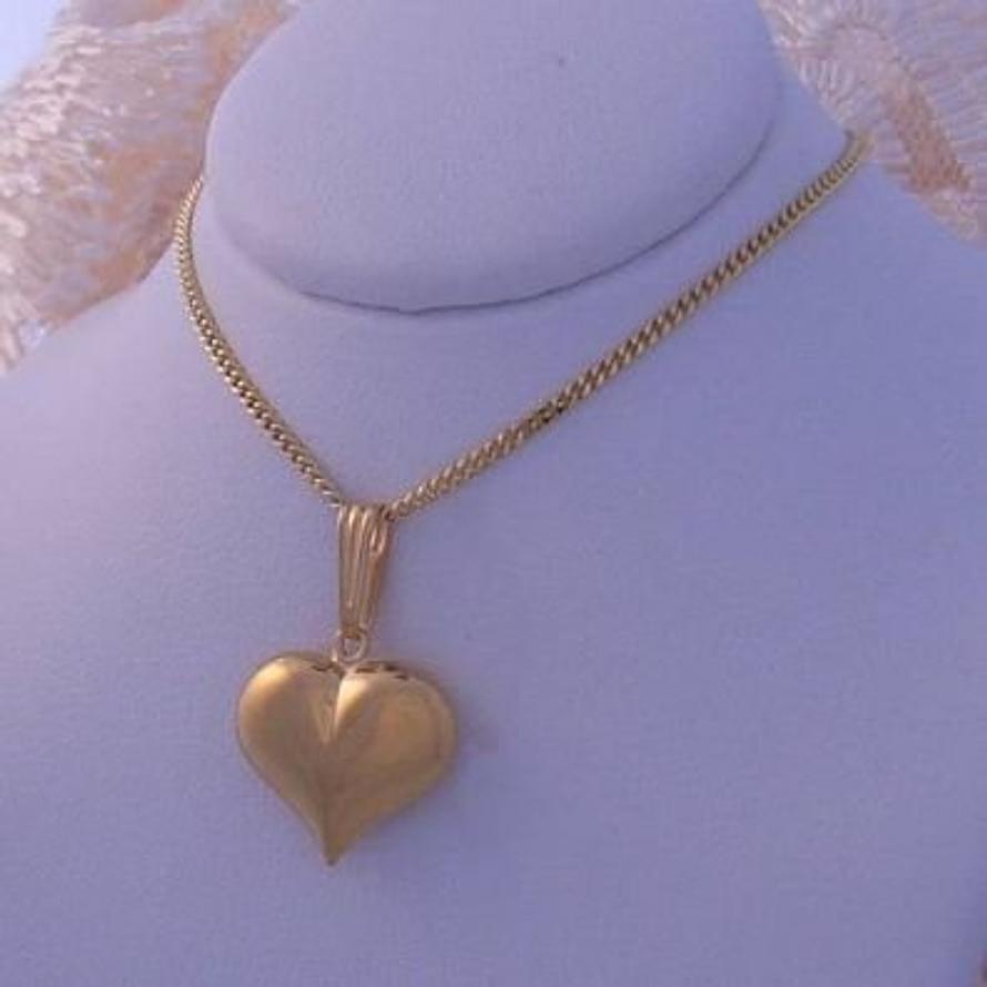 9CT YELLOW GOLD 14mm PUFFED LOVE HEART CURB NECKLACE CHAIN 45cm