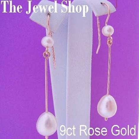 9ct Rose Gold Teardrop Freshwater Pearl Drop Designer Hook Earrings