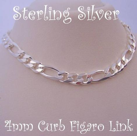 Unisex 4mm Figaro Curb Necklace 55cm Chain in Sterling Silver