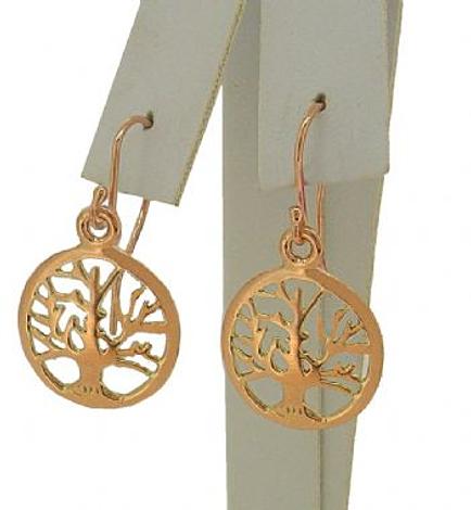 Solid 9ct Rose Gold 16mm Tree of Life Charm Ball Drop Hook Earrings
