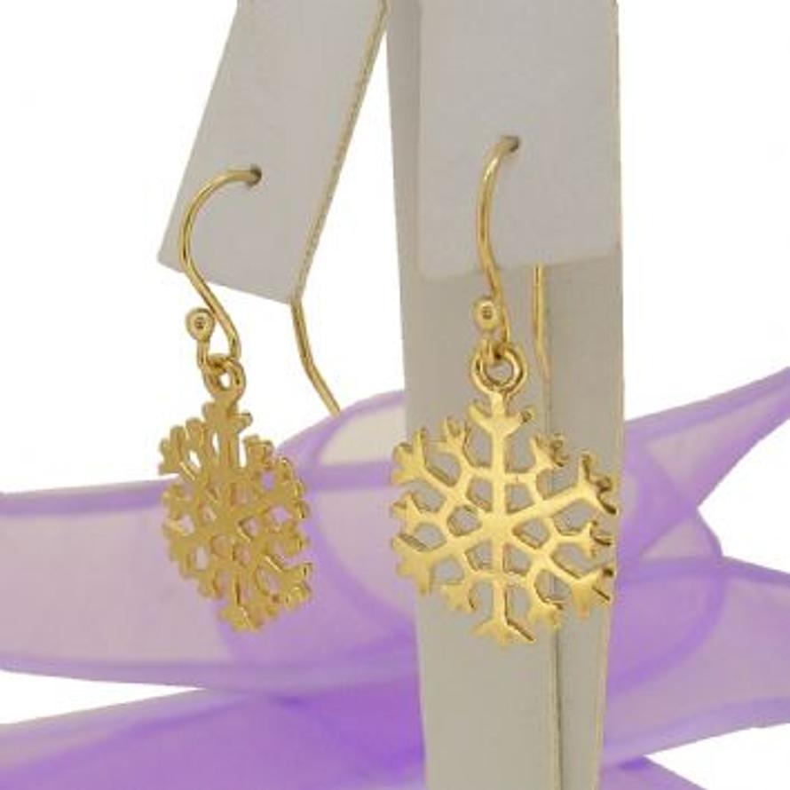 SOLID 9CT GOLD 15mm SNOWFLAKE CHARM BALL DROP HOOK EARRINGS