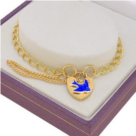 Solid 9ct Gold Bluebird Charm Padlock Curb Bracelet