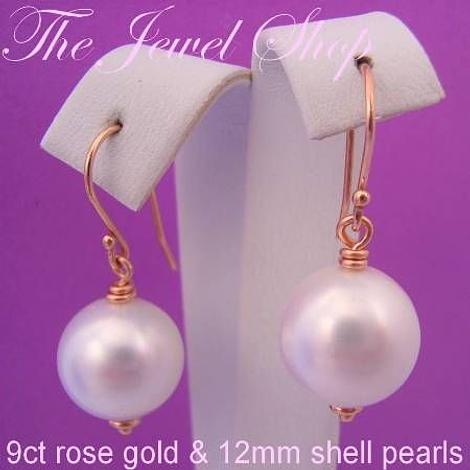 9ct Rose Gold 12mm White Shell Pearl Drop Designer Hook Earrings