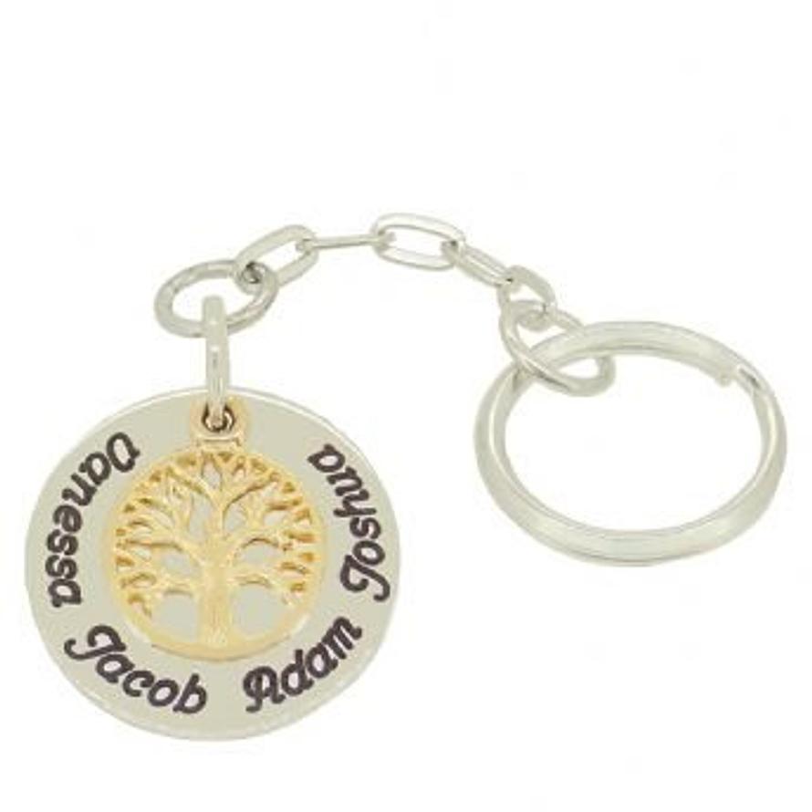 STERLING SILVER 25mm CIRCLE COIN FAMILY 9CT GOLD TREE OF LIFE PERSONALISED KEY RING