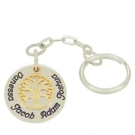 Sterling Silver 25mm Circle Coin Family 9ct Gold Tree of Life Personalised Key Ring