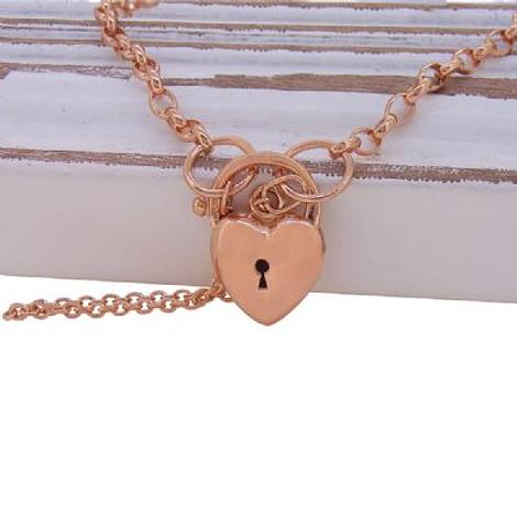 9ct Rose Gold Belcher Puffed Love Heart Padlock Bracelet