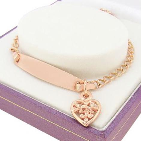 9ct Rose Gold Curb Identity Flower Heart Charm Bracelet