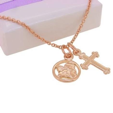 9ct Rose Gold Guardian Angel and Cross Charm Necklace