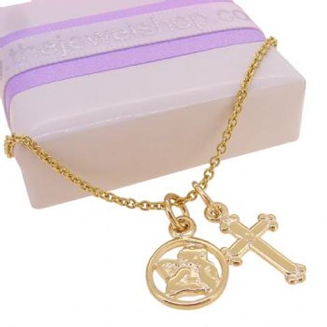 9ct Gold Guardian Angel and Cross Charm Necklace