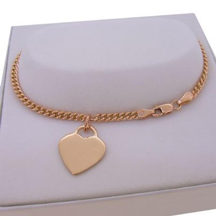 9CT ROSE GOLD 14mm HEART TAG CHARM CURB BRACELET