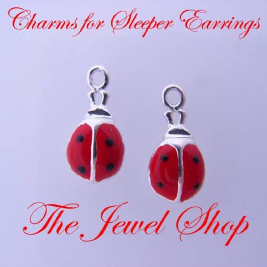 1 x PAIR STERLING SILVER 5mm LADYBUG SLEEPER CHARMS
