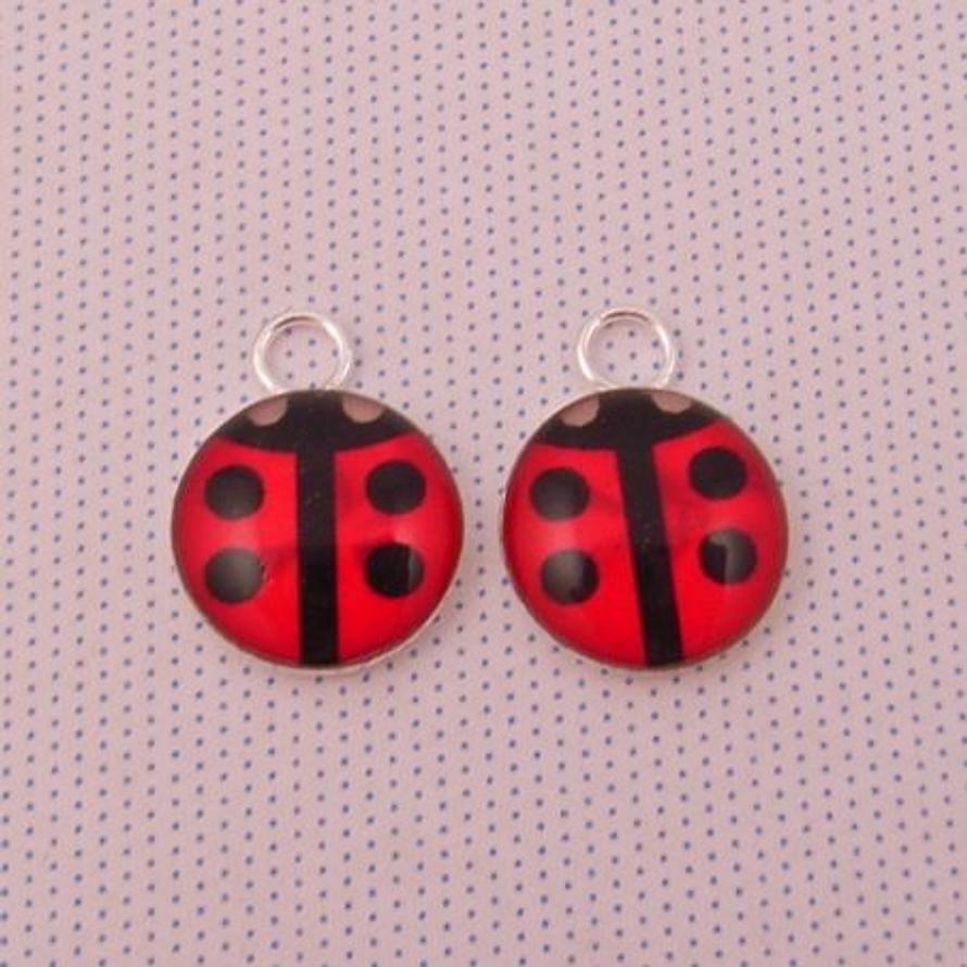 1 x PAIR STERLING SILVER 10mm ROUND LADYBUG SLEEPER CHARMS