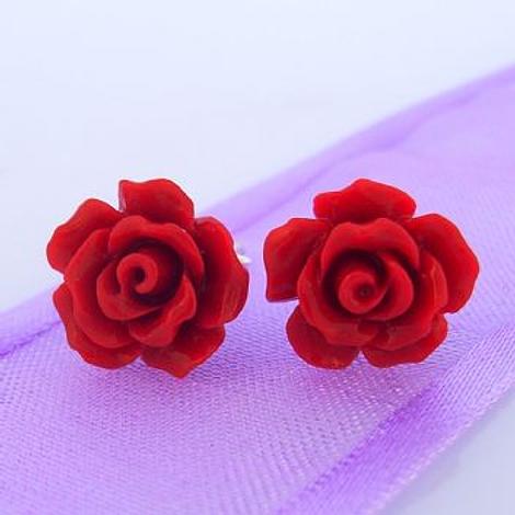 Sterling Silver 12mm Red Resin Flower Stud Earrings