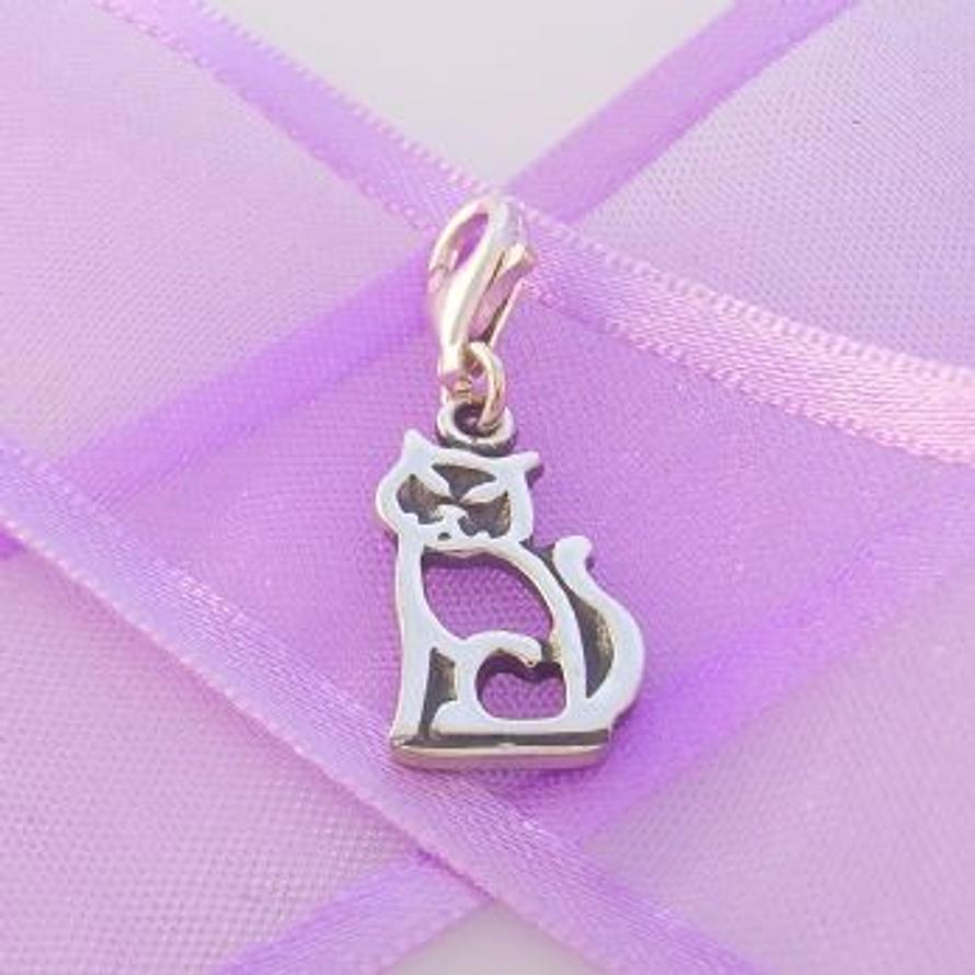 STERLING SILVER 10mm x 17mm FAMILY PET CAT KITTEN PUSSY CLIP ON CHARM - TI-09105
