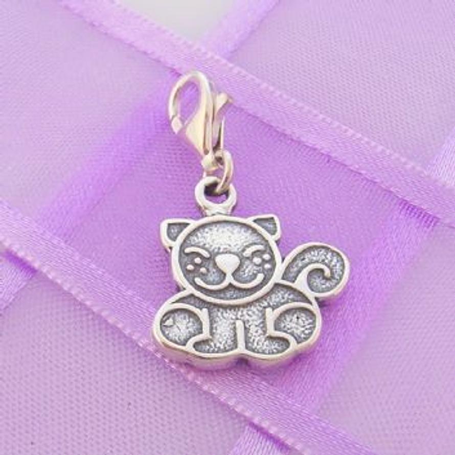 STERLING SILVER 15mm x 15mm FAMILY PET CAT KITTEN PUSSY CLIP ON CHARM - TI-01231