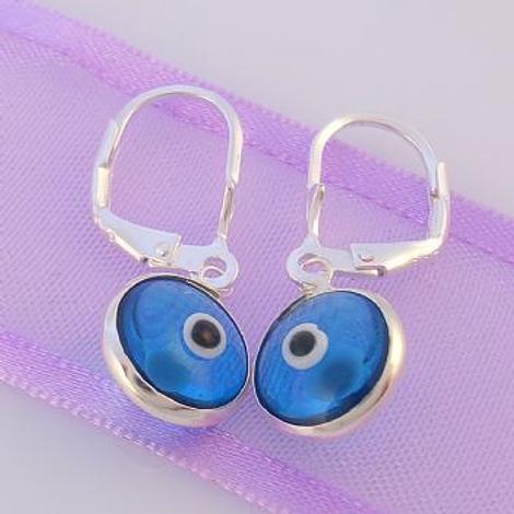 Safety Hook Earrings Sterling Silver 9mm Blue Evil Eye