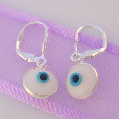 Safety Hook Earrings Sterling Silver 9mm White Evil Eye