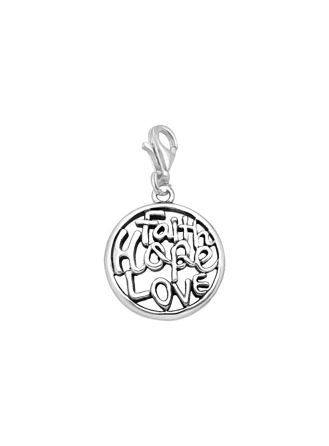 Sterling Silver 19mm Faith Hope Love Clip on Charm Pendant