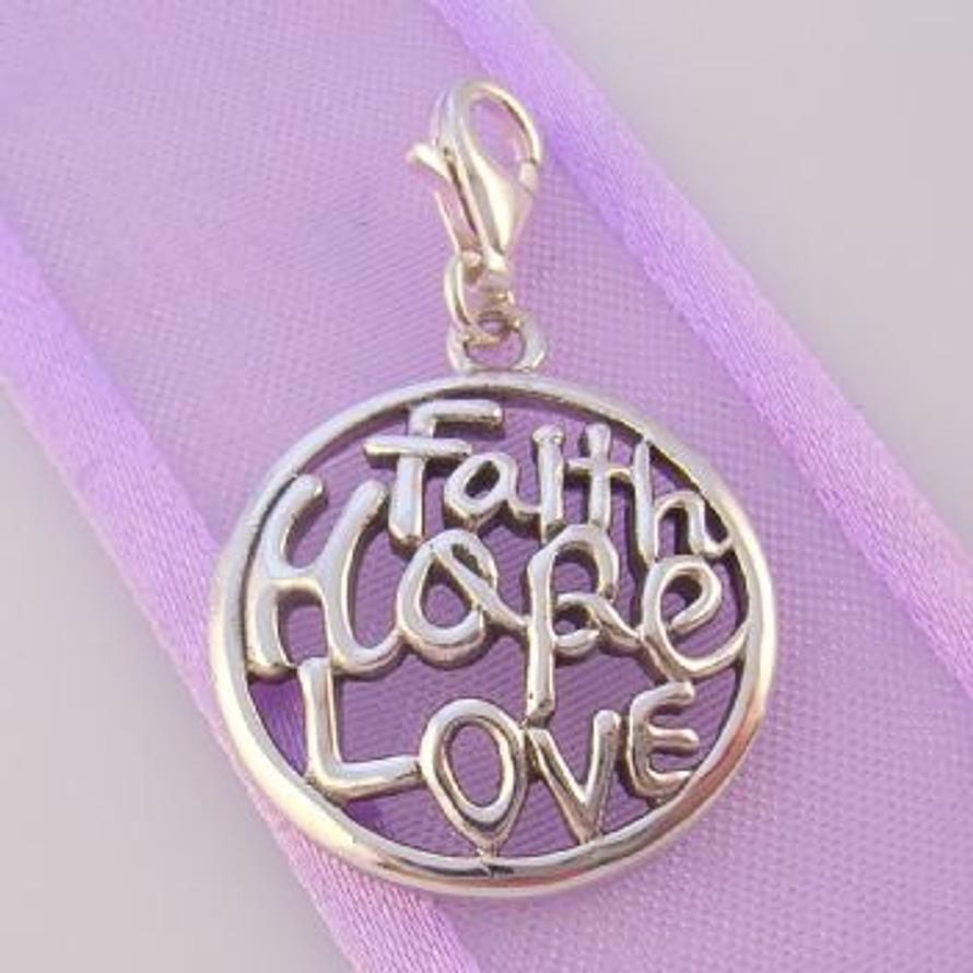 STERLING SILVER 19mm FAITH HOPE LOVE CLIP ON CHARM PENDANT - 925-54-706-9936